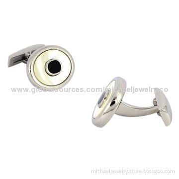 Stainless steel cuff-links with surface is white shell, middle drip into the epoxy